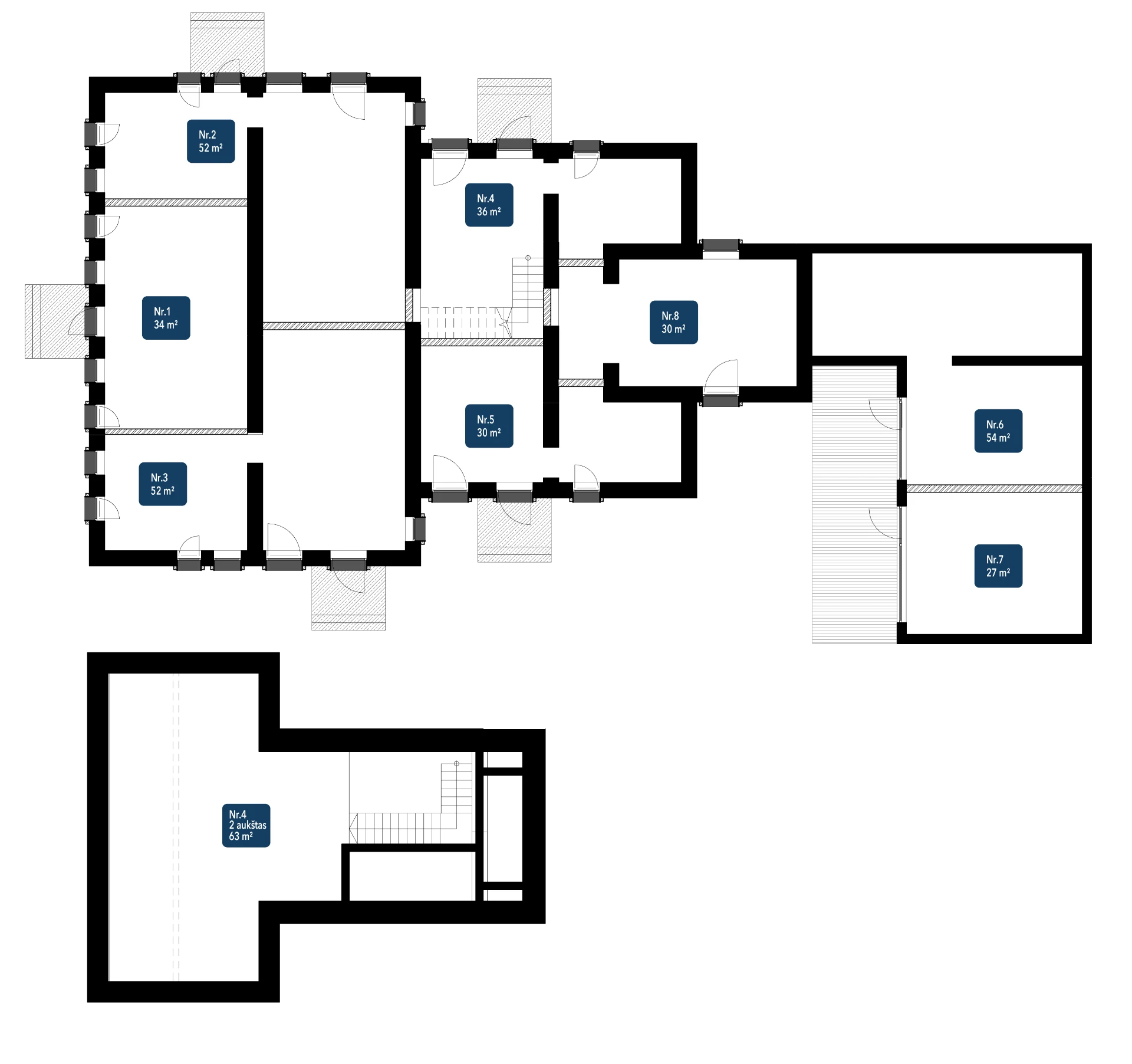 Jeruzalės 26 patalpų planas — patalpos Nr. 1–8